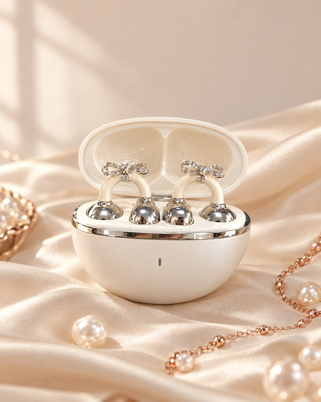 Écouteurs-bijoux Son'elle blancs avec charms nœud, dans leur boîtier galet